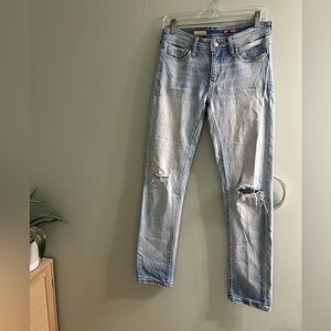 Pilcro Anthropologie high rise trouser bootcut jeans light wash distressed
